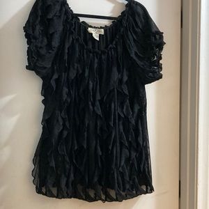 Once again Sz 1X Off the Shoulder Black Ruffled Sheer Short sleeve Top